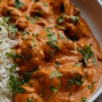 close-up of plate of vegan butter chicken with rice