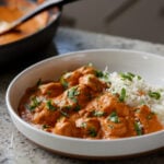 plate of vegan butter chicken with rice