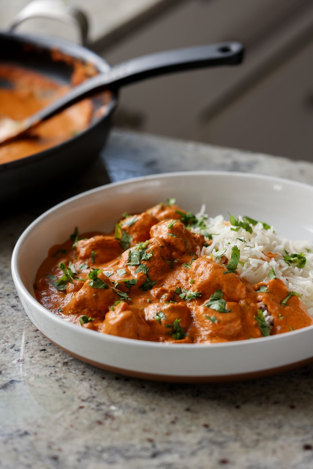plate of vegan butter chicken with rice