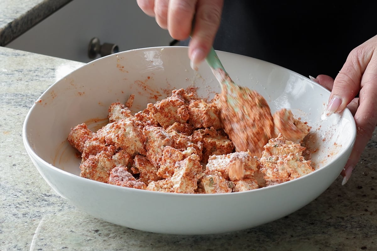 tofu after tossing in cornstarch and spices