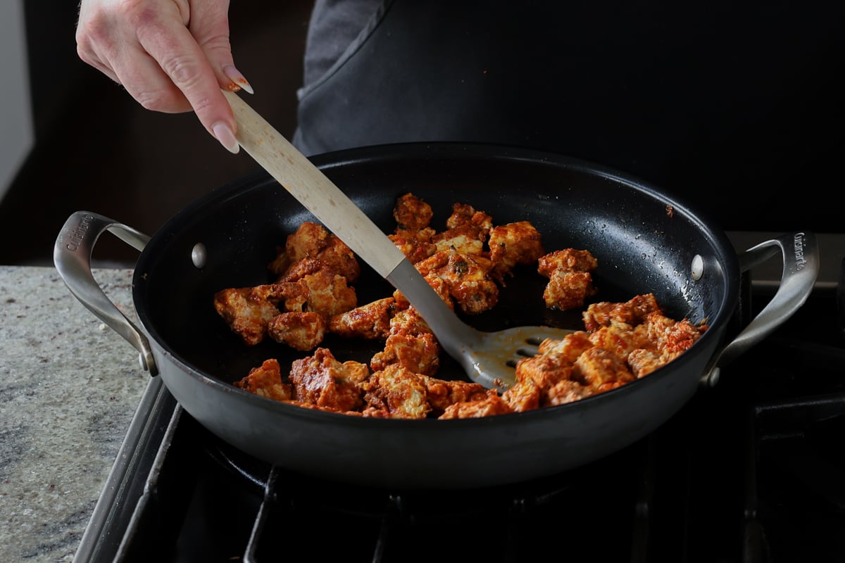 tofu after crisping up in the pan