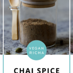 chai spice mix in a jar, text overlay