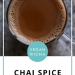 overhead photo of a mug of chai, text overlay
