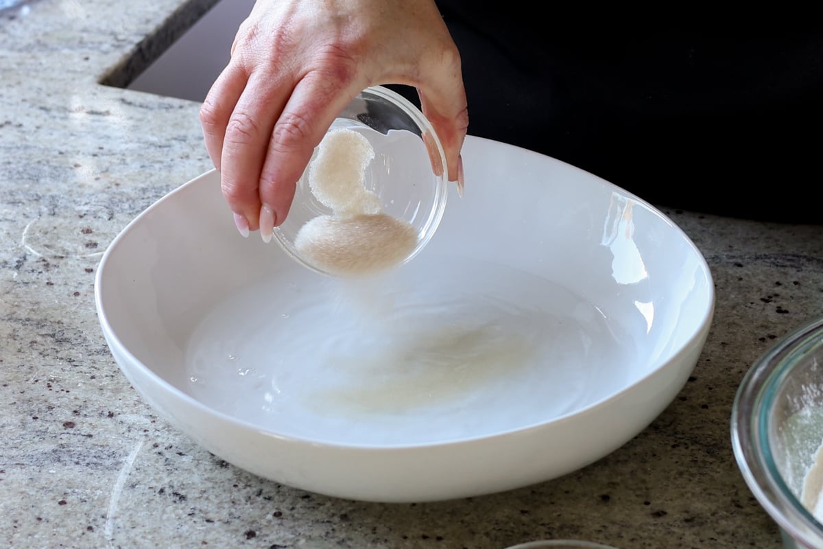 adding sugar and yeast to the water
