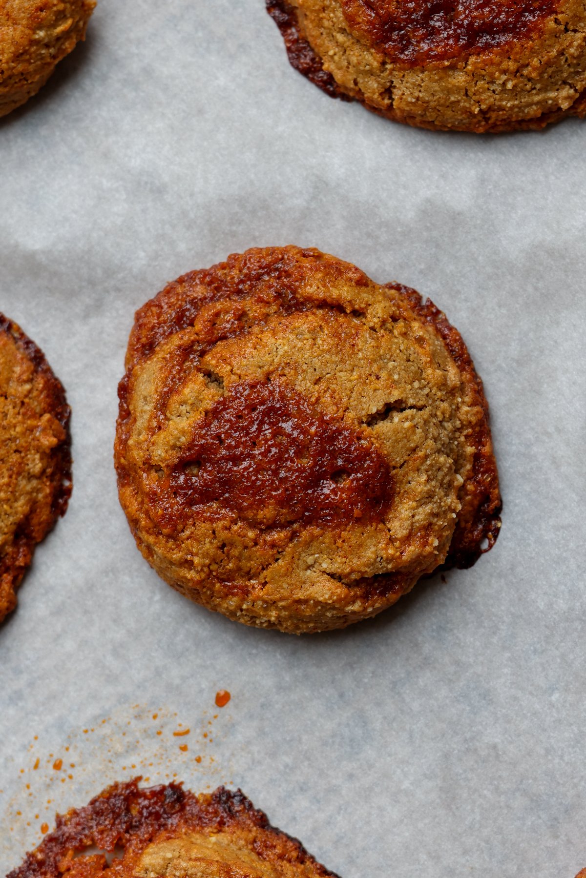 close-up of gochujang caramel cookies on the baking sheet