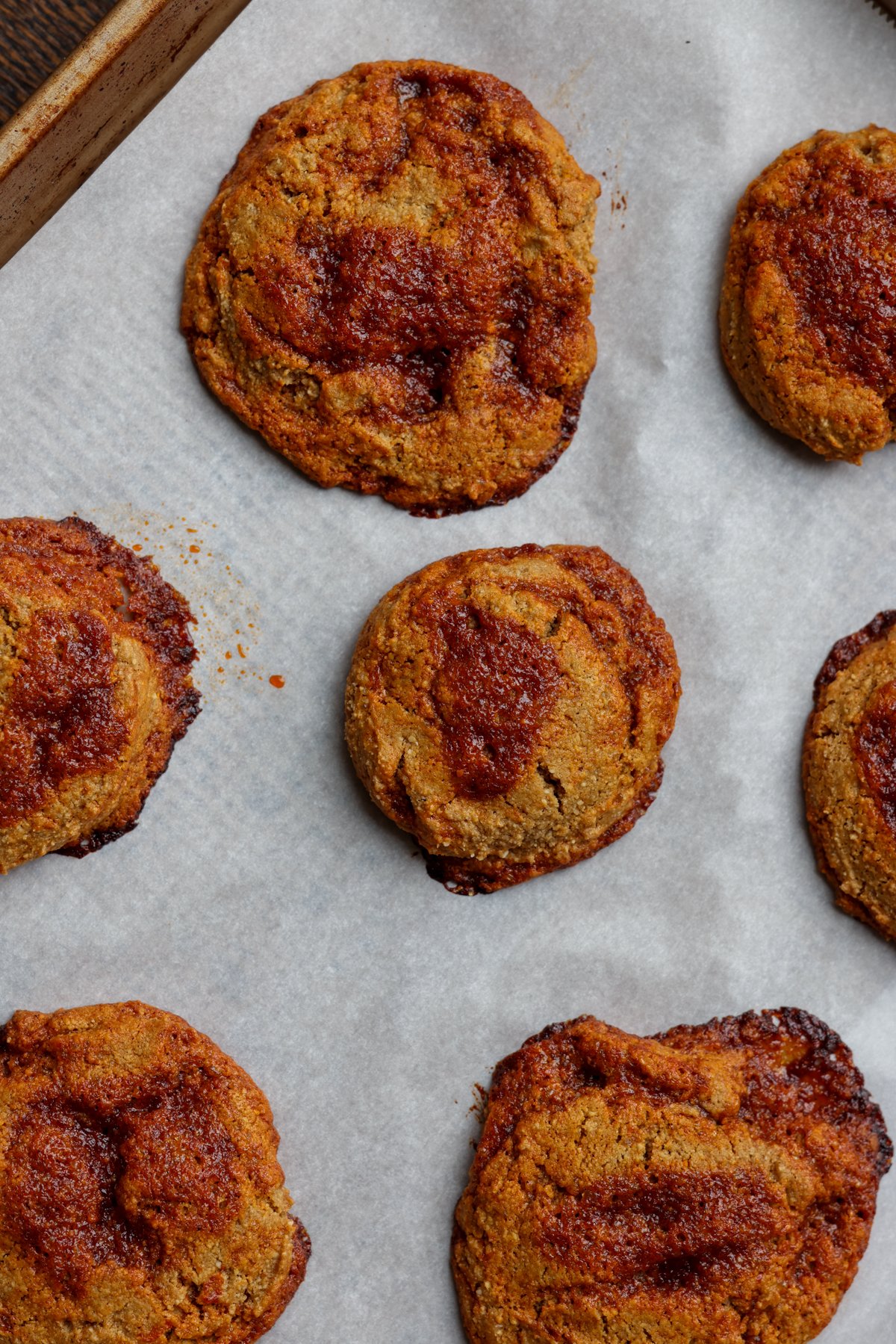 gochujang caramel cookies on the baking sheet