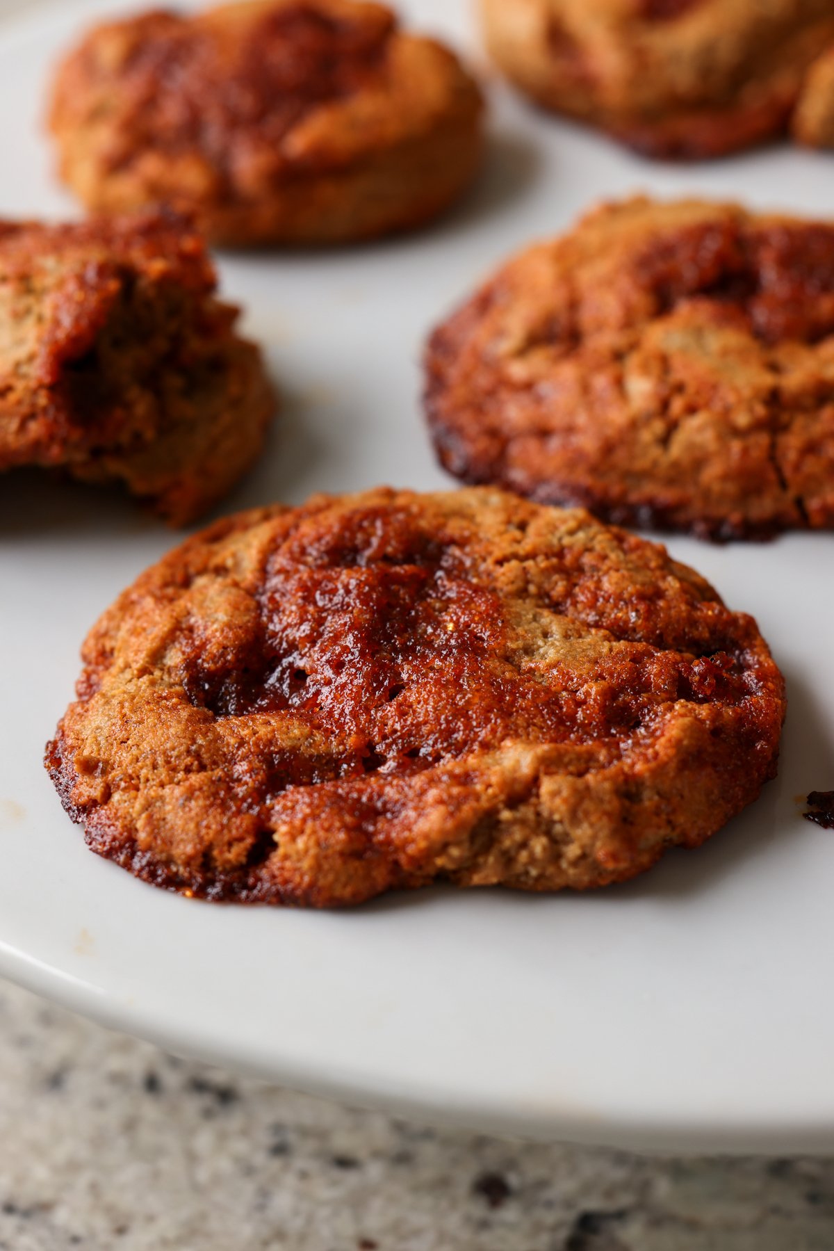 close-up of gochujang caramel cookies on the baking sheet
