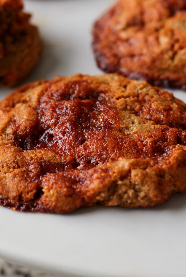 close-up of gochujang caramel cookies on the baking sheet