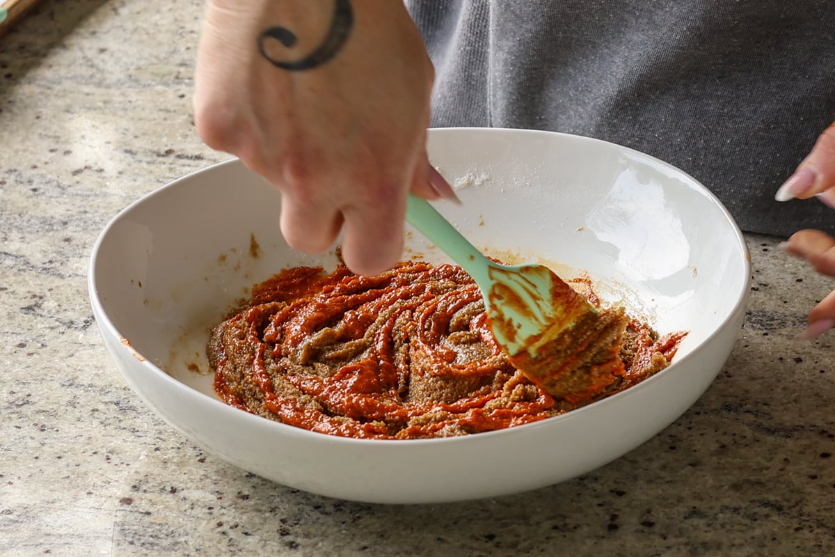 swirling the gochujang caramel into the dough