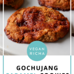 gochujang caramel cookies on the baking sheet, text overlay