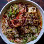 bowl of creamy tahini ramen with teriyaki tofu on top