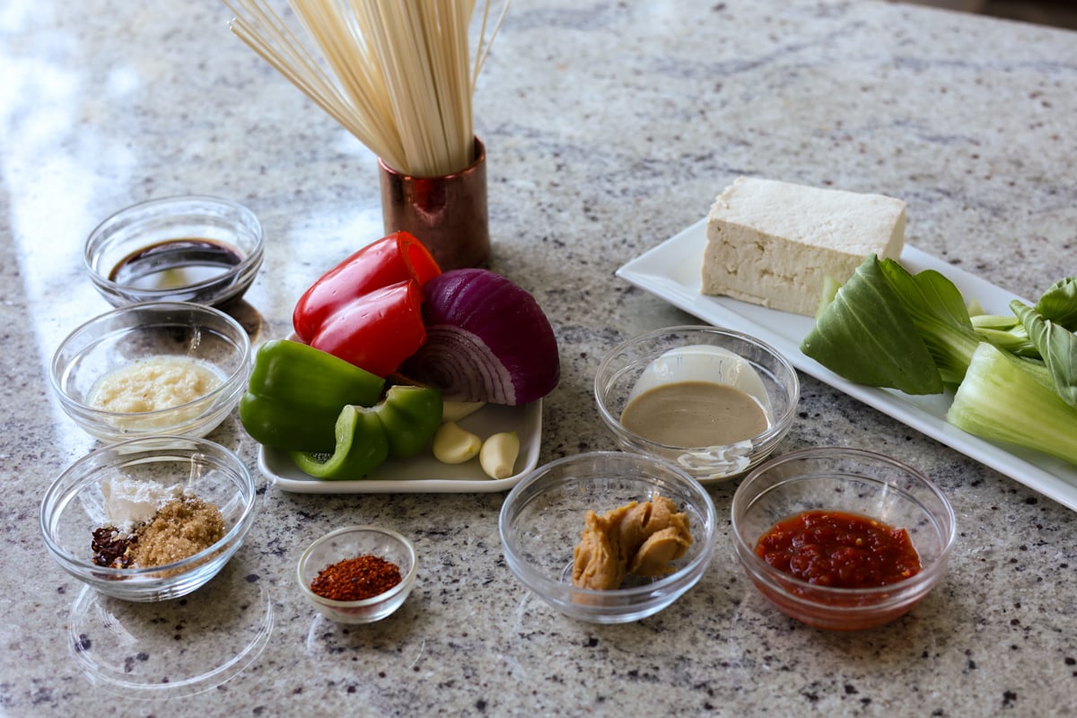 tahini ramen ingredients on the kitchen counter
