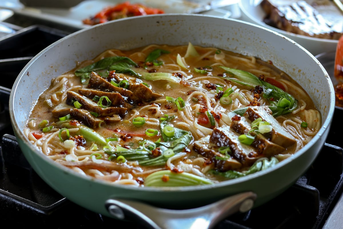 creamy tahini ramen after adding toppings