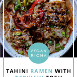 bowl of creamy tahini ramen with teriyaki tofu on top, text overlay