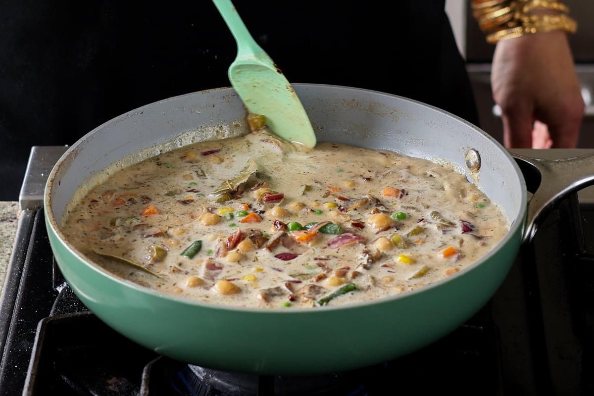 pot pie filling in the pan before thickening