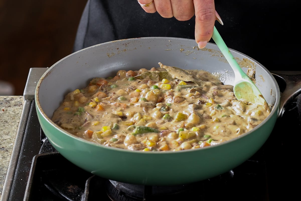 pot pie filling in the pan after thickening