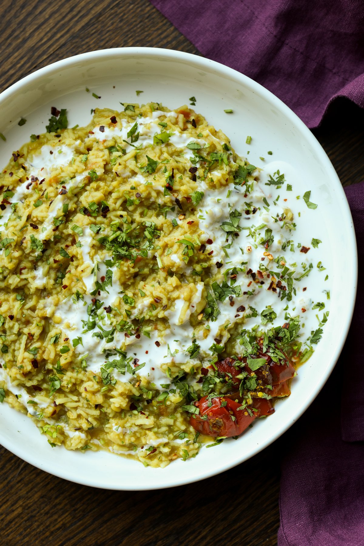 close-up of prepared khichdi in a bowl with rice