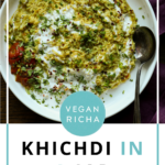 close-up of prepared khichdi in a bowl with rice, text overlay