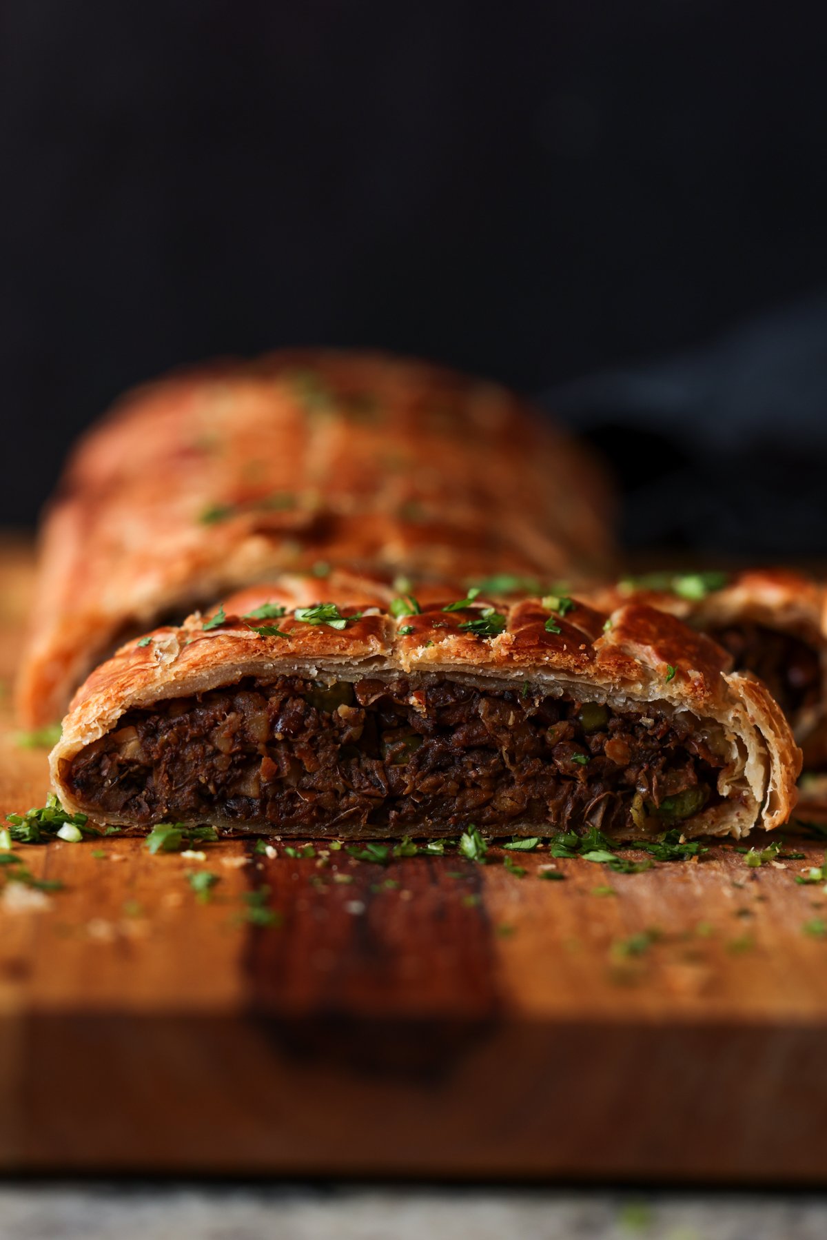 close-up of sliced lentil wellington so you can see the texture inside