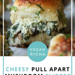 close-up of cheesy mushroom sliders on the baking sheet after baking, text overlay