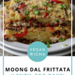 moong dal frittata stacked on a plate, text overlay