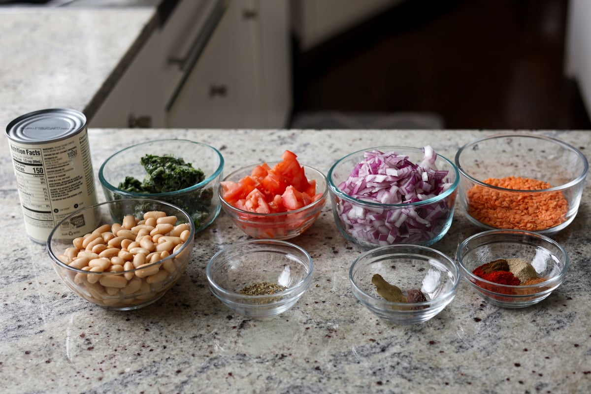 lentil bean stew ingredients on the kitchen counter