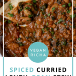 flatbread piece in a bowl of lentil bean stew, text overlay