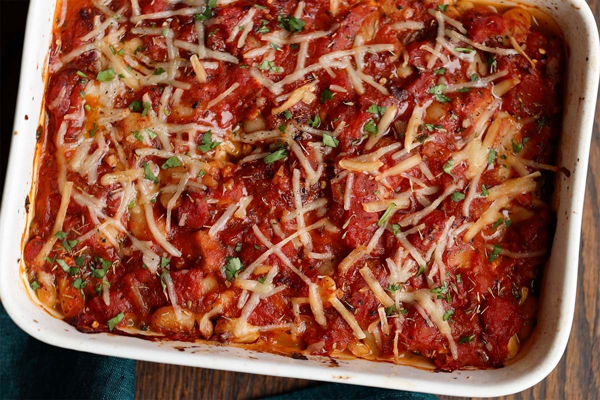 bean parmigiana in the pan after baking