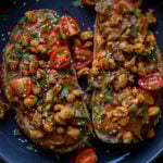 balchao mushrooms on toast with tomatoes