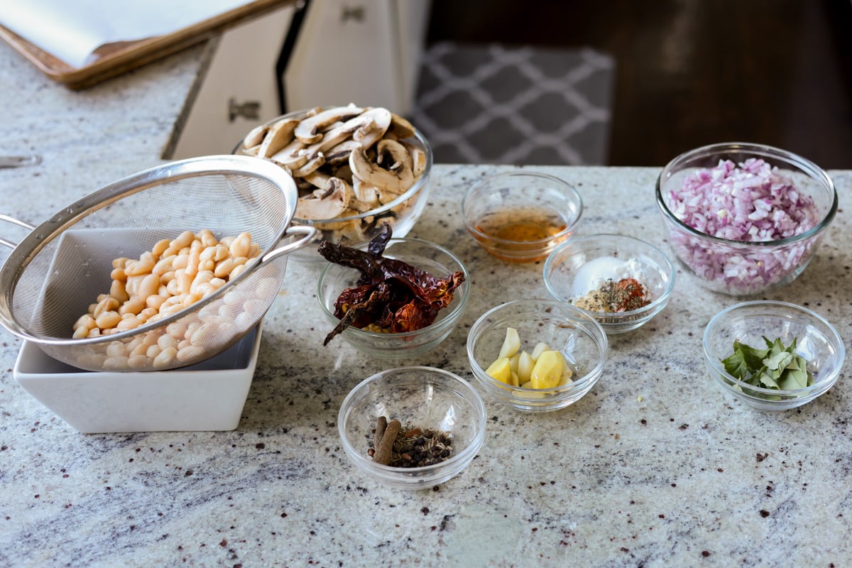 balchao mushrooms ingredients on the kitchen counter