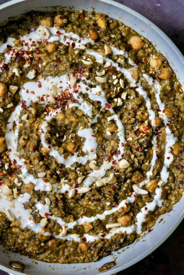 Close up of Chickpea lentil quinoa stew in a pan