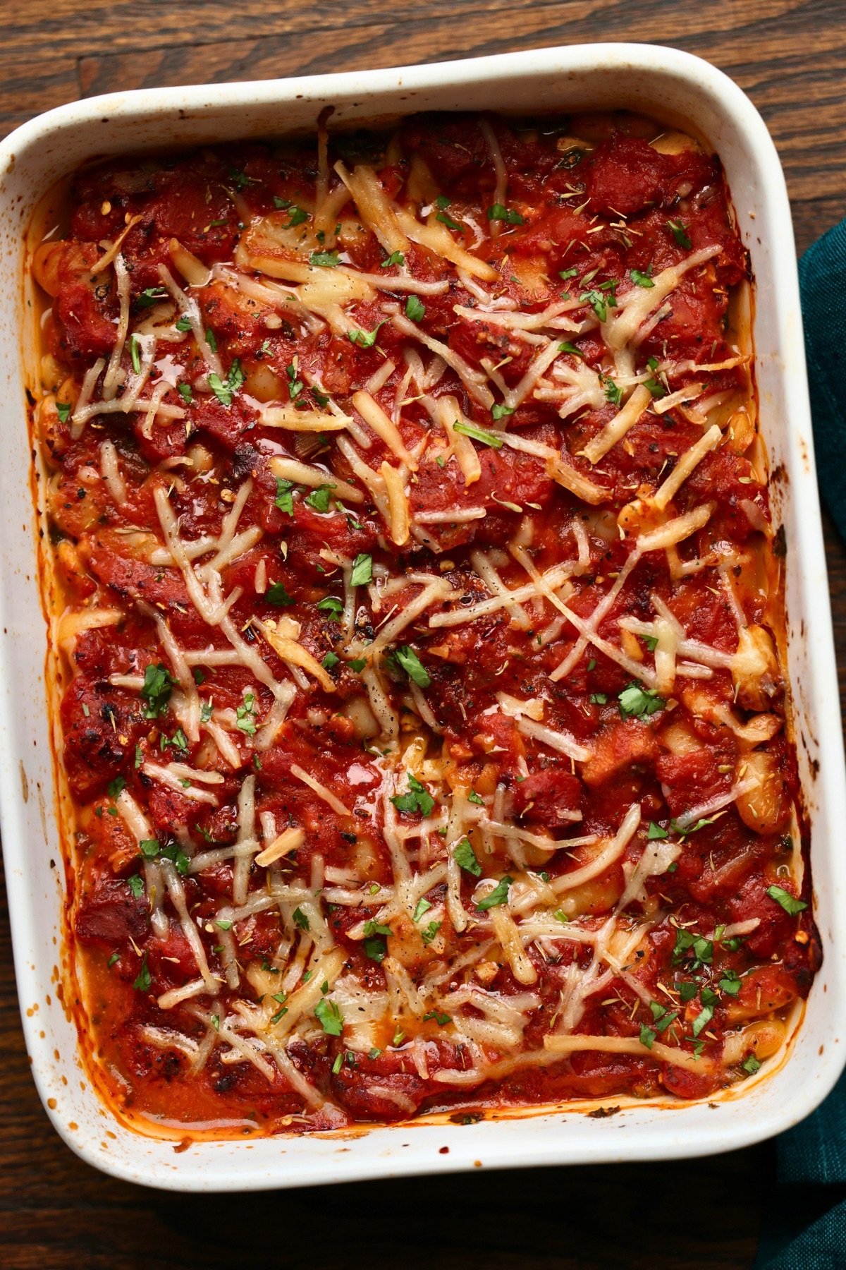 beans parmigiana in the baking dish after baking