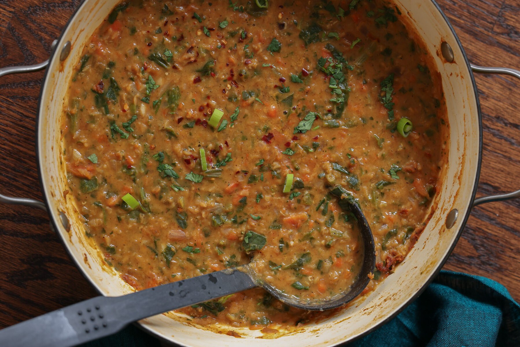 pan of lentil and spinach soup