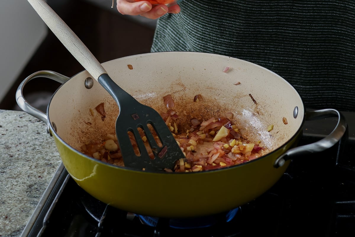 cooked aromatics in the pan