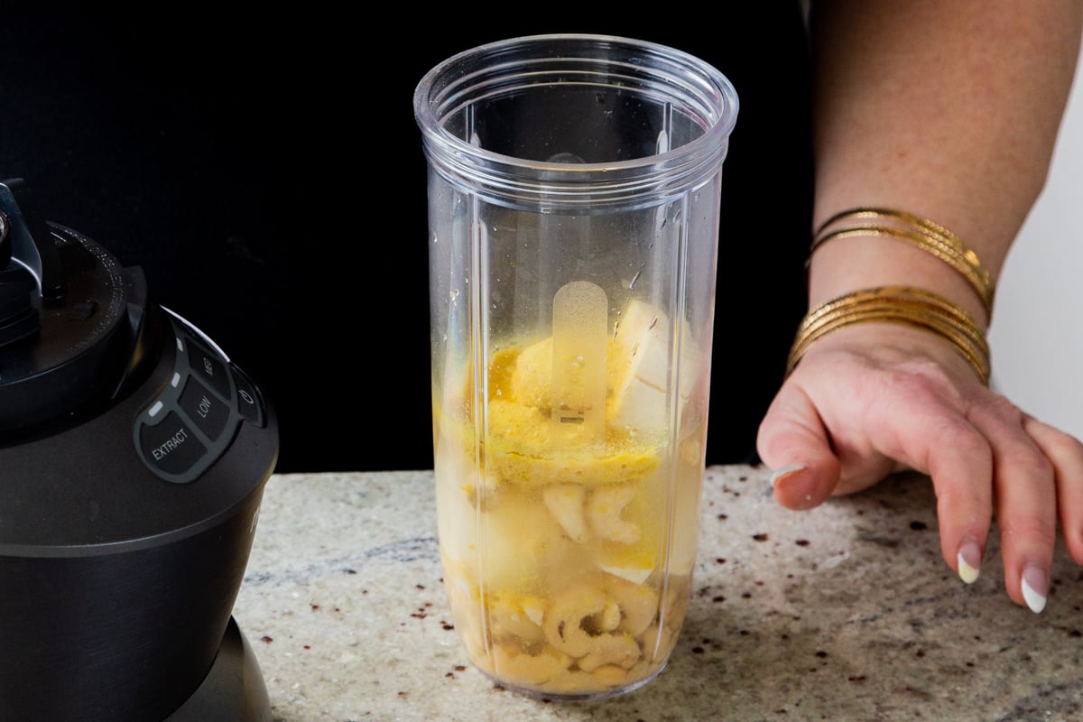 vegan mozzarella ingredients in the blender before blending