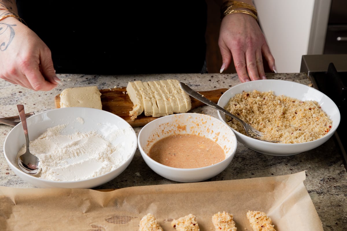 dredging stations for the vegan mozzarella sticks