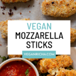 vegan mozzarella sticks on the baking sheet and in a serving platter, text overlay