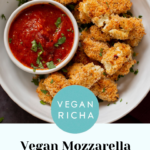 vegan mozzarella sticks in a serving platter, text overlay