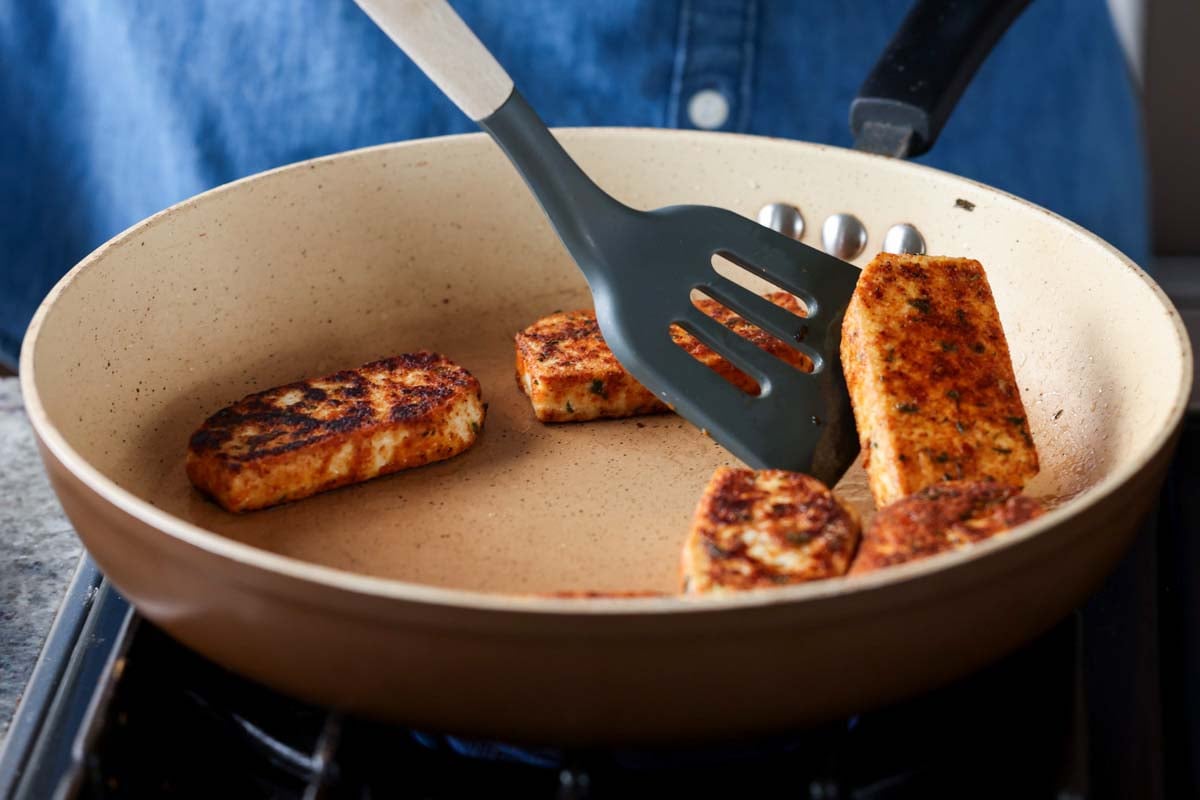 crispy tofu in the pan