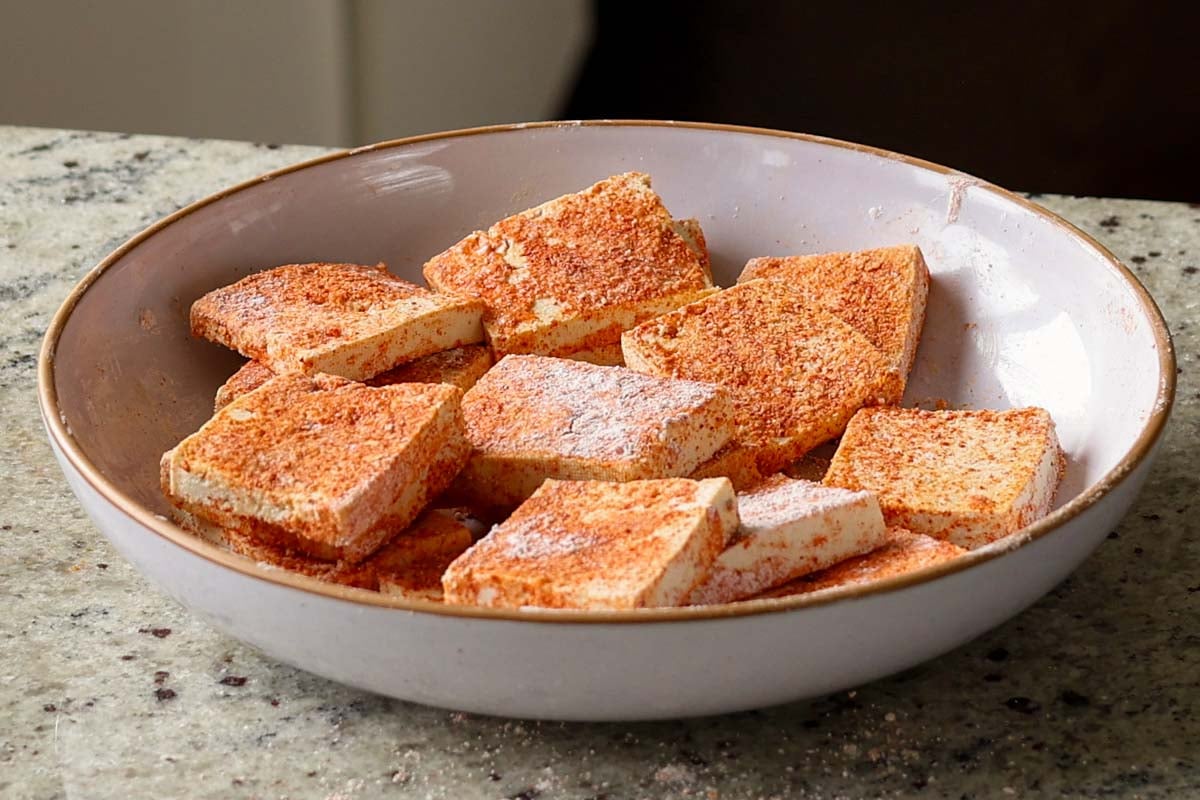 tofu mixed with the cornstarch and spices