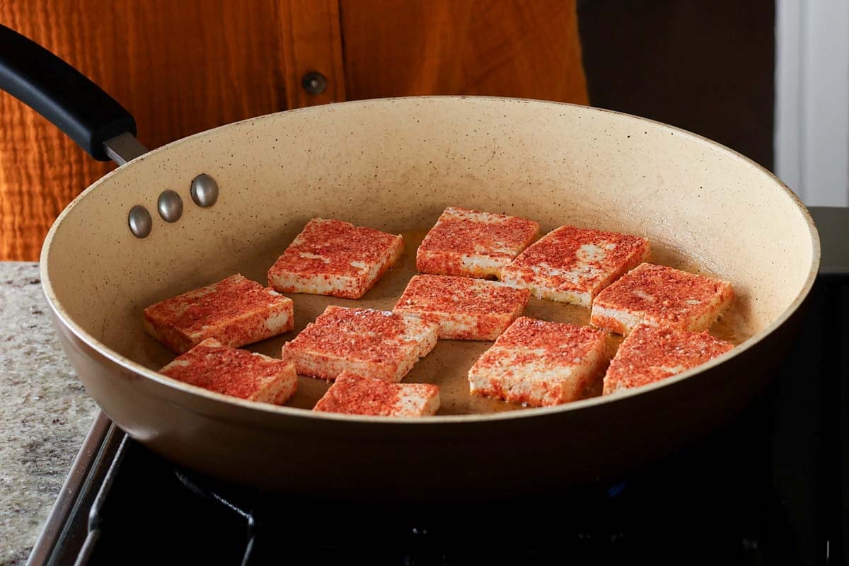tofu in the pan before cooking