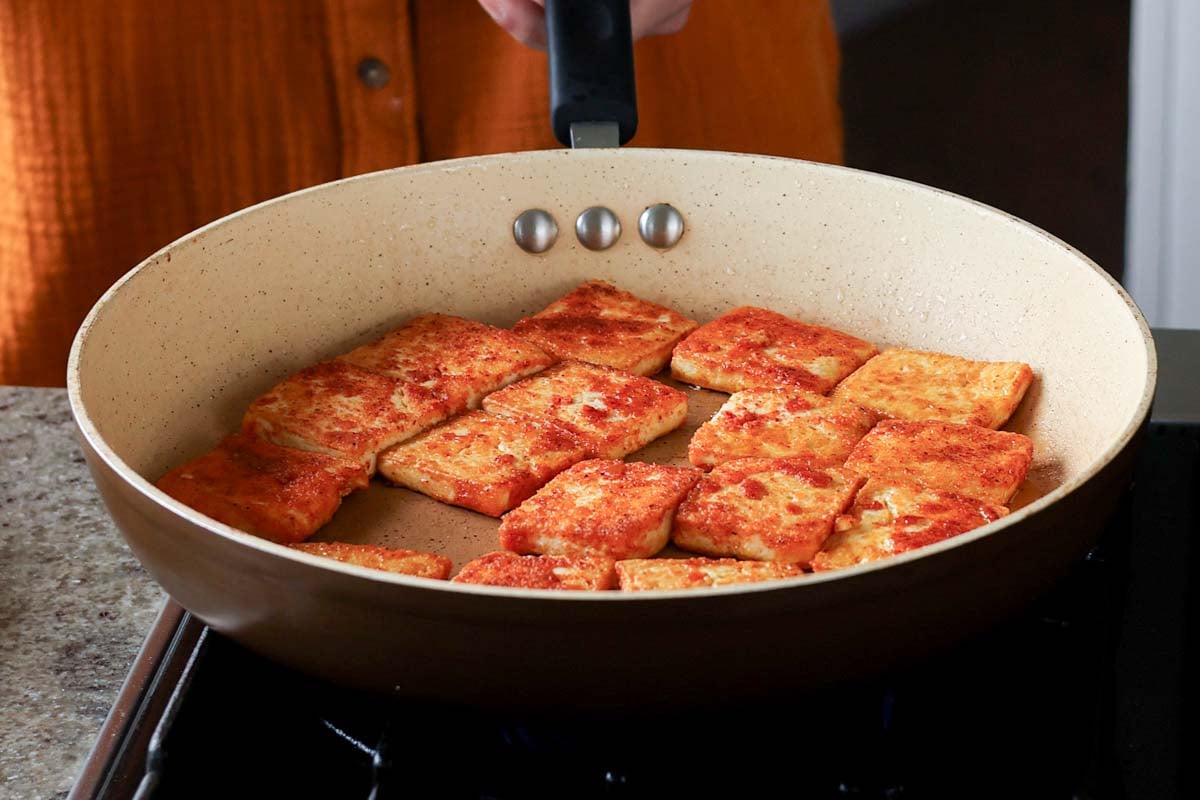 crispy tofu paneer in the pan after cooking