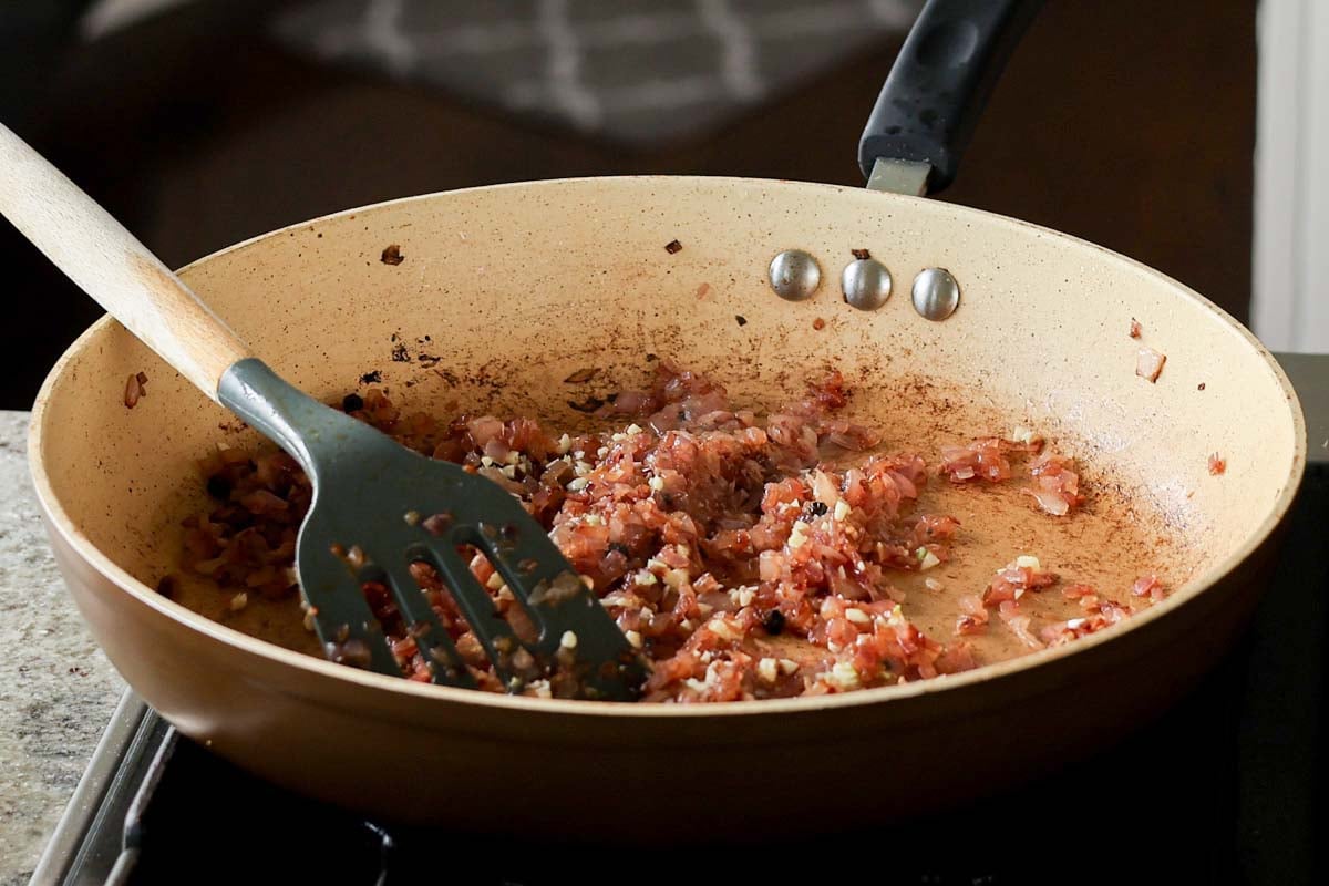 browned onions in the pan after cooking