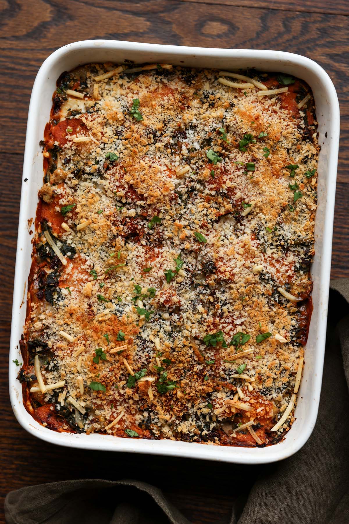 marry me tofu casserole in the pan after baking