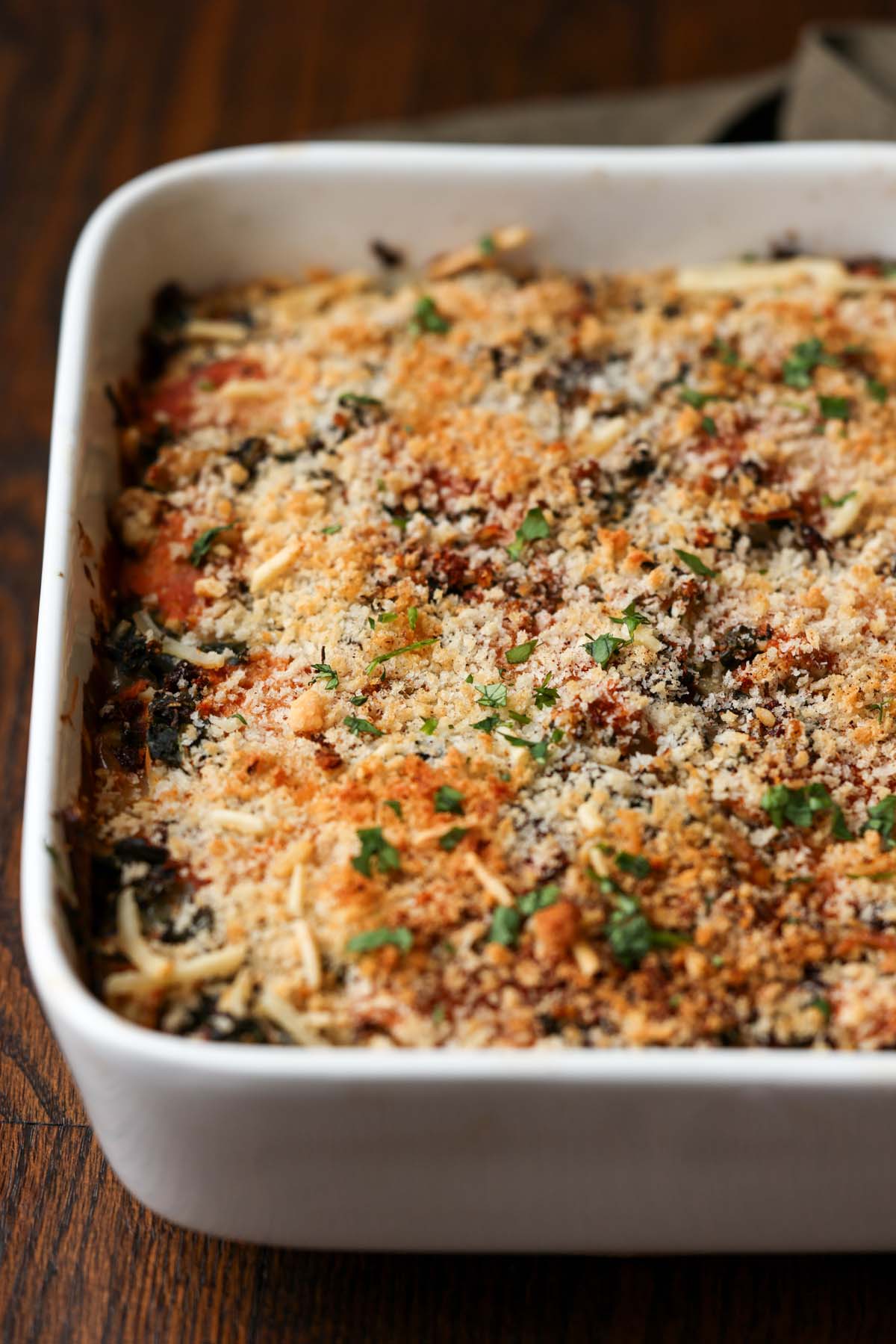 close-up of marry me tofu casserole in the pan after baking