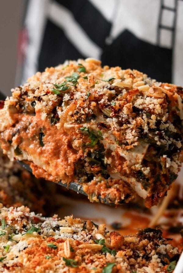 serving the marry me tofu with a spatula