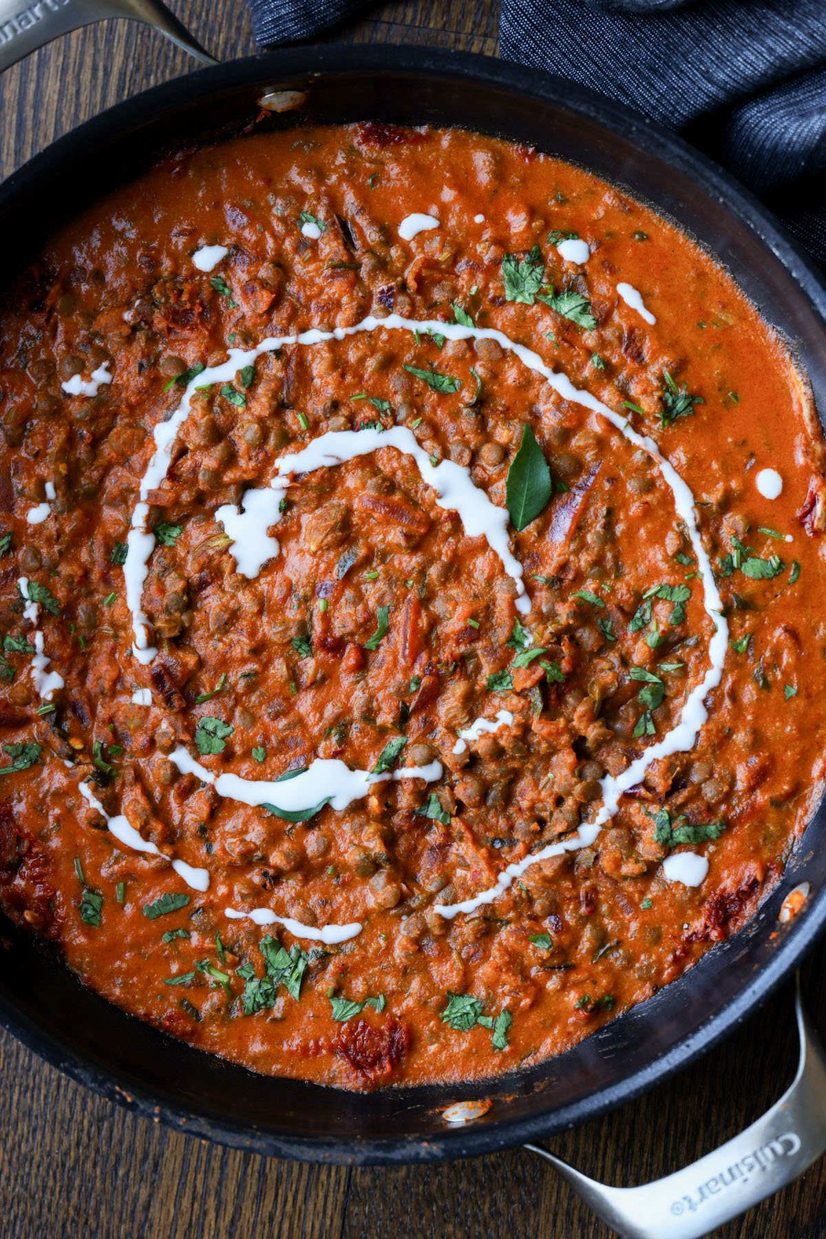 South Indian marry me lentils in the pan with a swirl of non-dairy yogurt