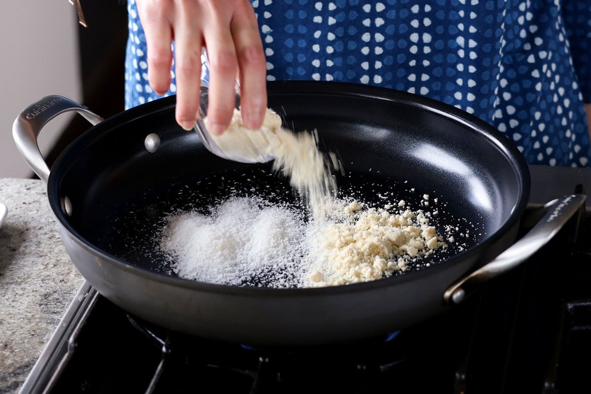 adding coconut and almond flour to the pan