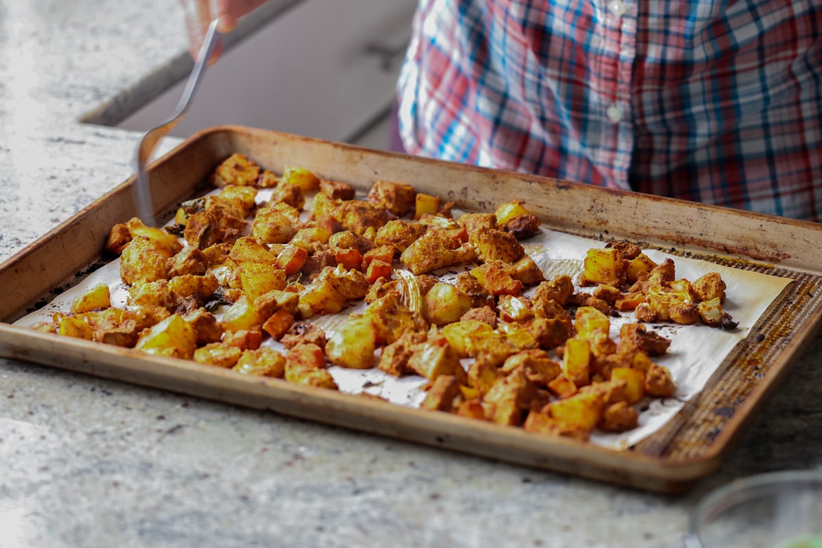 veggies and tofu on the baking dish before baking