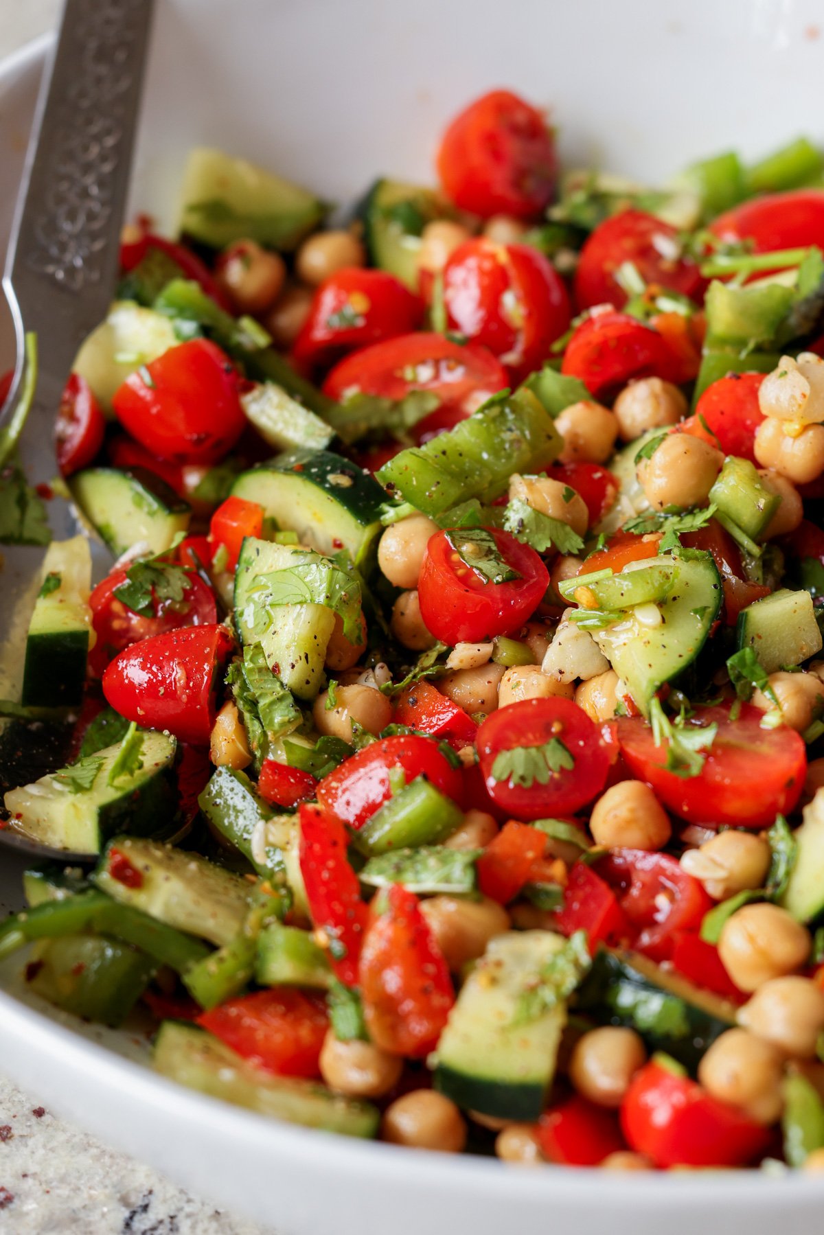 close-up of mediterranean chickpea salad in a bowl